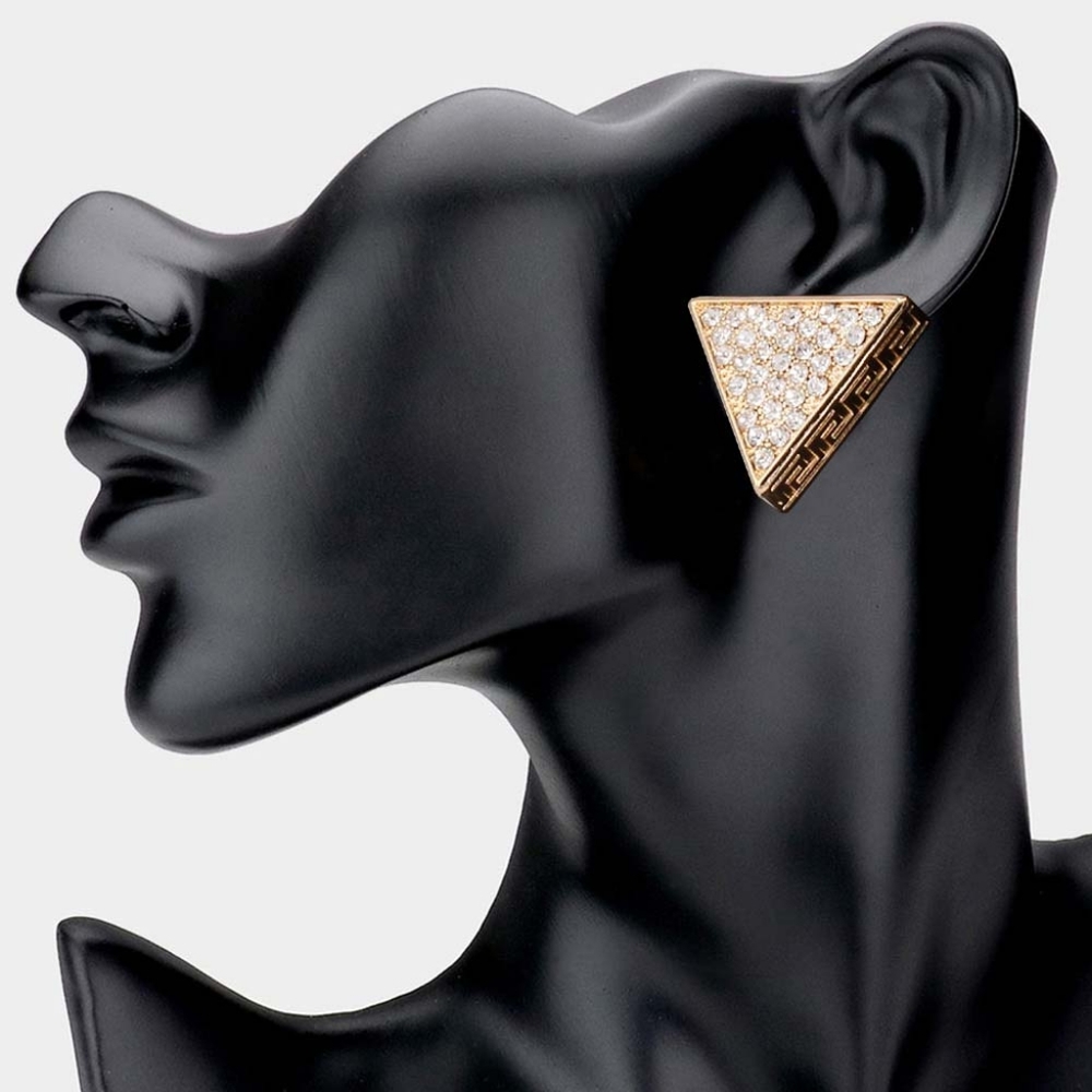Gold Greek Key Patterned Rhinestone Crystal Triangle Stud Earrings